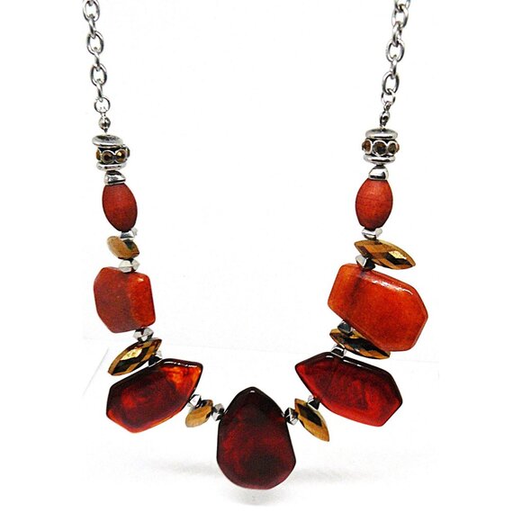 Designer VTG Chunky Red & Amber Statement Necklace w Adjustable Chain Silvertone - Picture 3 of 3